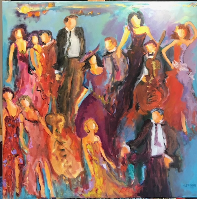First Dance <br /> 36" x 36"  <br /> Mixed Media on Canvas, Gallery Wrapped<br /> $2,400 <br /> <a href="/contact-purchase/?painting=First Dance Fun">Purchase</a>